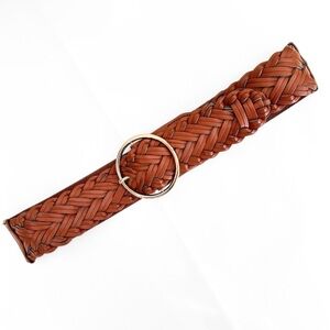Woven Waist Belt Brown with Round Gold Buckle 2" Wide Stretchy 34" Long fits SML